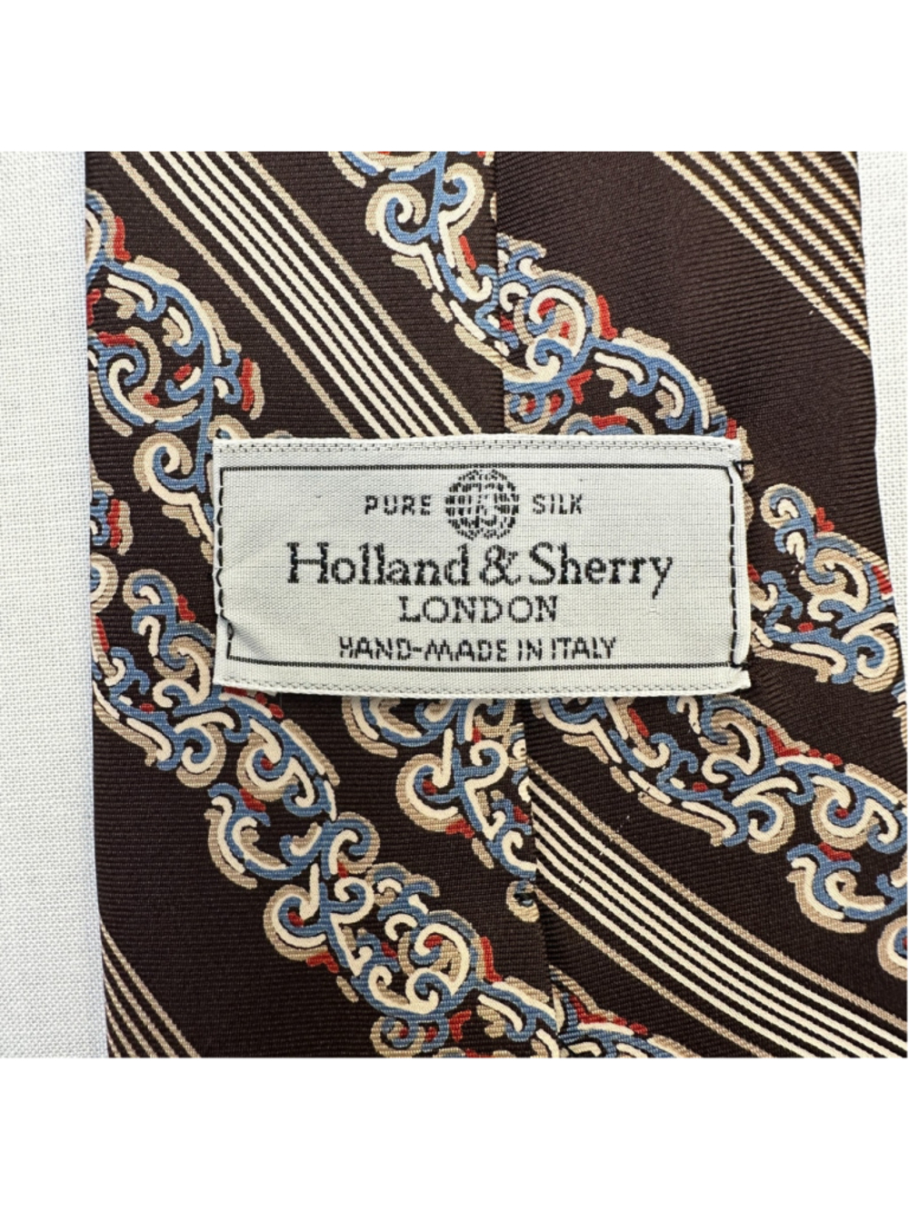 Holland Sherry Men's Silk Necktie Brown Stripe Scrollwork Hand Made Italy - Picture 2 of 7